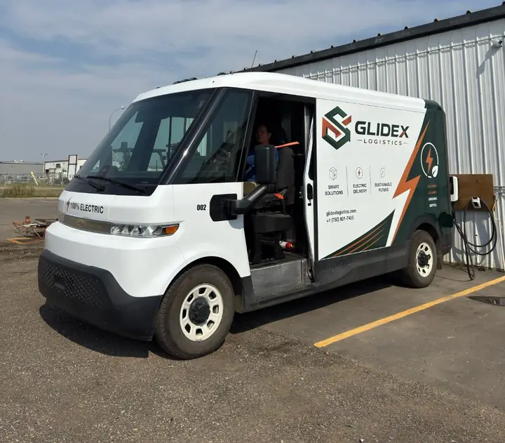 GlideX Logistics 100% electric delivery van charging in Grande Prairie